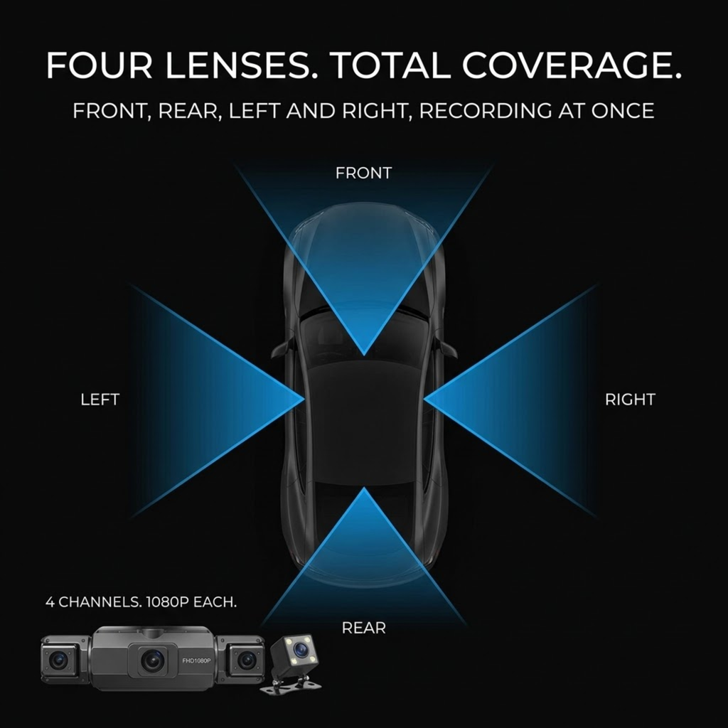 A black promotional graphic for a car camera system showing four blue light beams labeled FRONT, LEFT, RIGHT, and REAR radiating from a car outline, with a small product photo of the camera unit at the bottom left and text stating four lenses, total coverage, and 4 channels 1080P each.