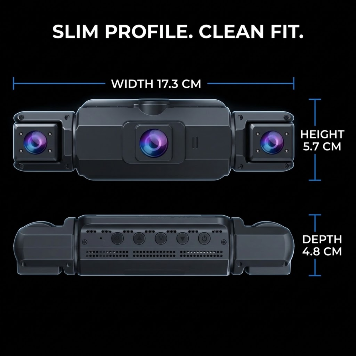 A black car-mounted camera bar shown from the front and back on a black background, with text indicating dimensions: width 17.3 cm, height 5.