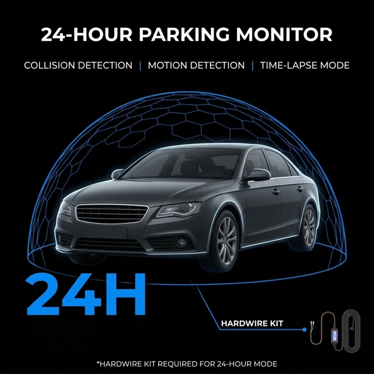 A promotional graphic for a 24-hour parking monitor showing a dark gray sedan under a blue digital dome with text highlighting collision detection, motion detection, and time-lapse mode, plus a note that a hardware kit is required.