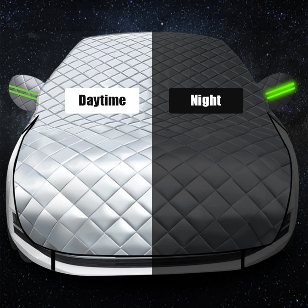 Quilted Half Car Cover reflective mirror strips shown in daytime and glowing at night