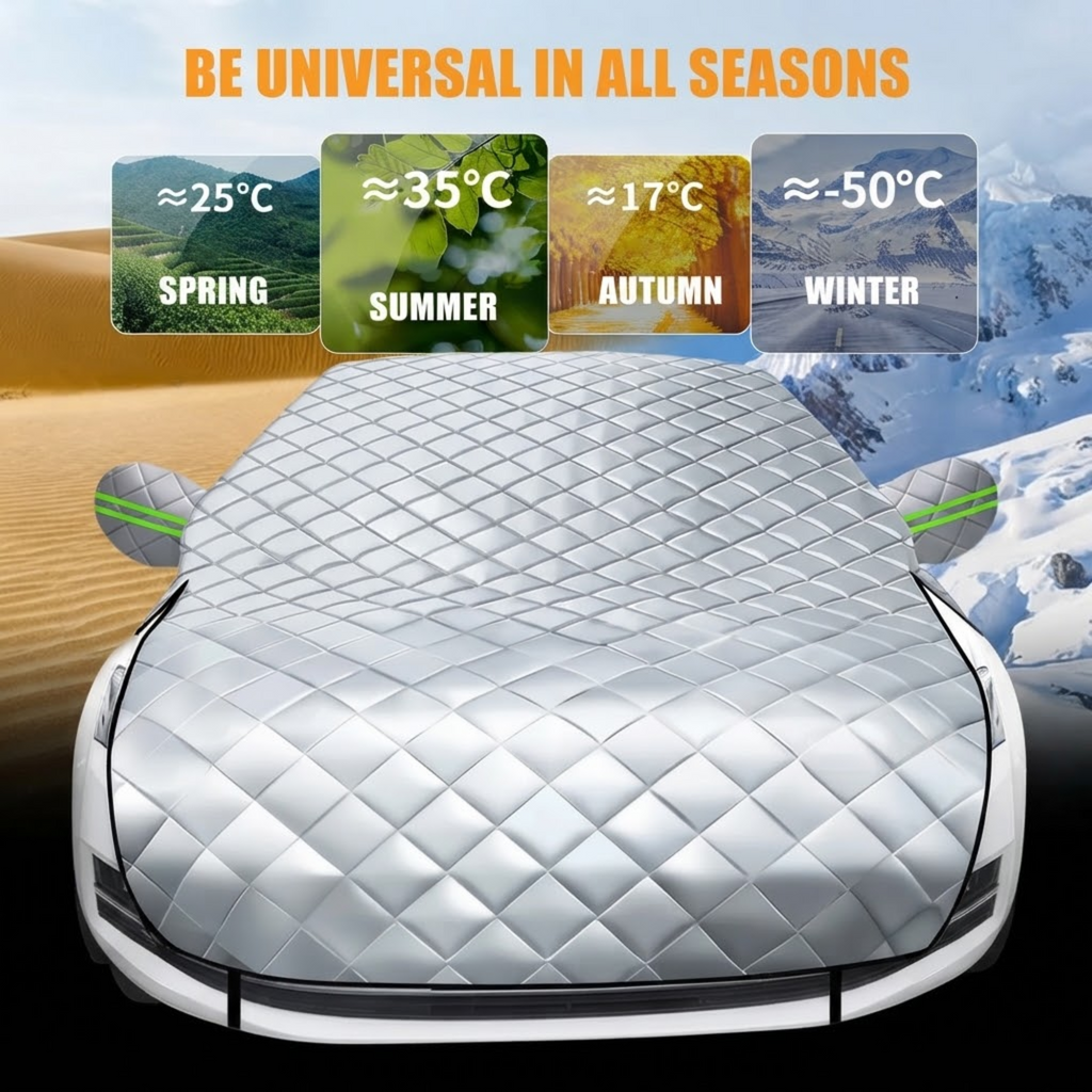 Quilted Half Car Cover fitted on a car with seasonal backdrop from desert to snowy mountains