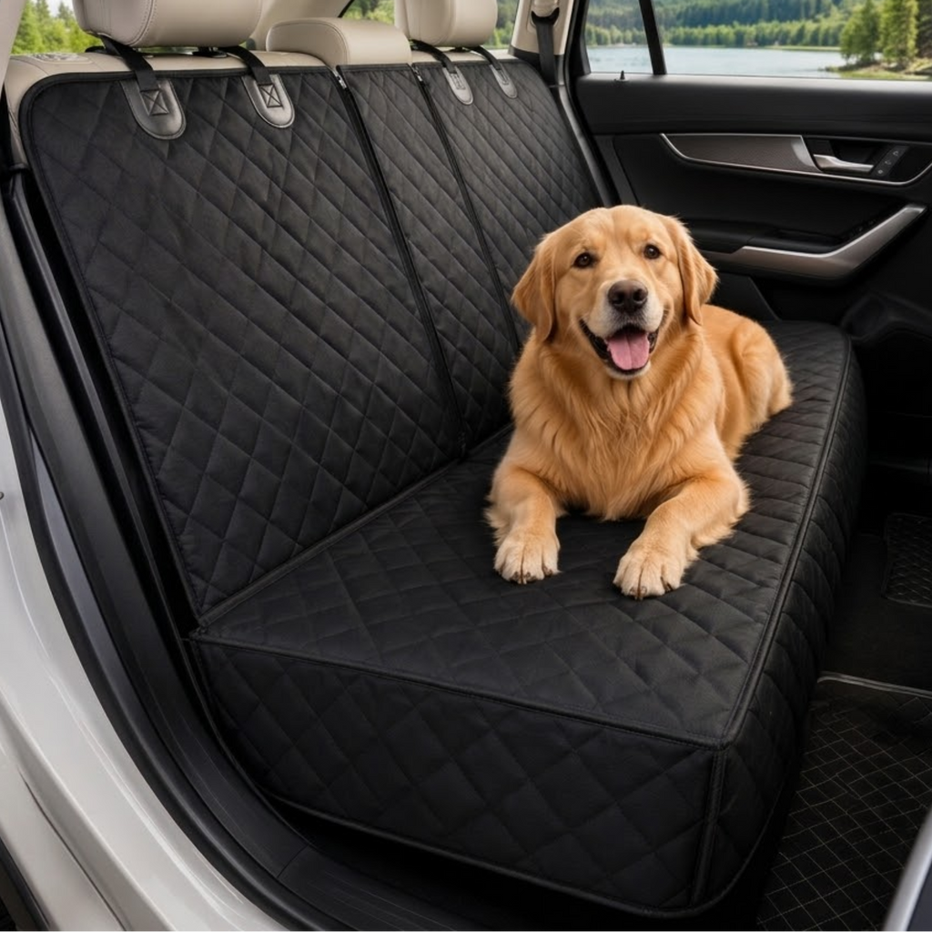 Golden retriever lying on a black quilted rear seat protector fitted across a car back seat