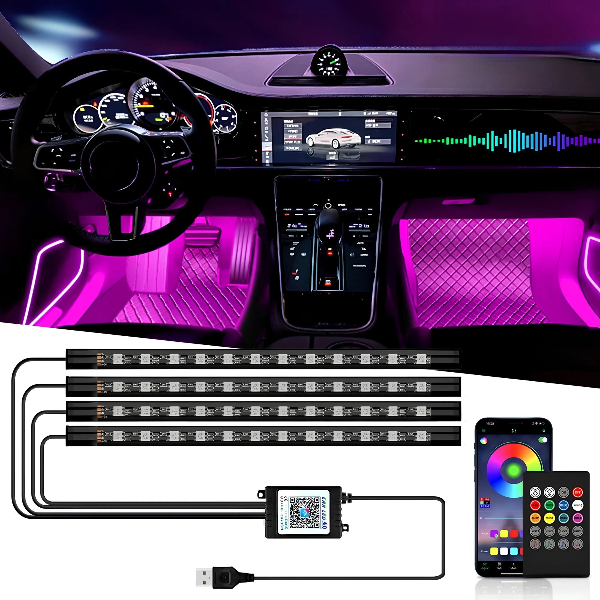 Car interior LED under-seat and door light kit shown installed in a dashboard with bright pink ambient lighting, plus the product components and a smartphone controller on a white background below.
