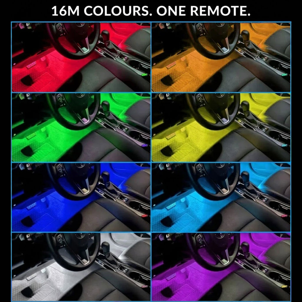 A 2x4 grid showing a car interior illuminated in 16 different LED footwell colors, with the headline '16M COLOURS. ONE REMOTE.