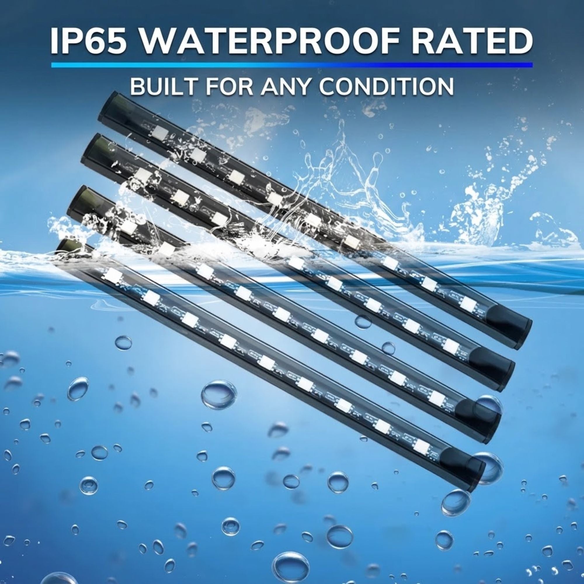 Four black cylindrical underwater LED light tubes shown diagonally in blue water with splash effects and text reading 'IP65 WATERPROOF RATED' and 'BUILT FOR ANY CONDITION.'.