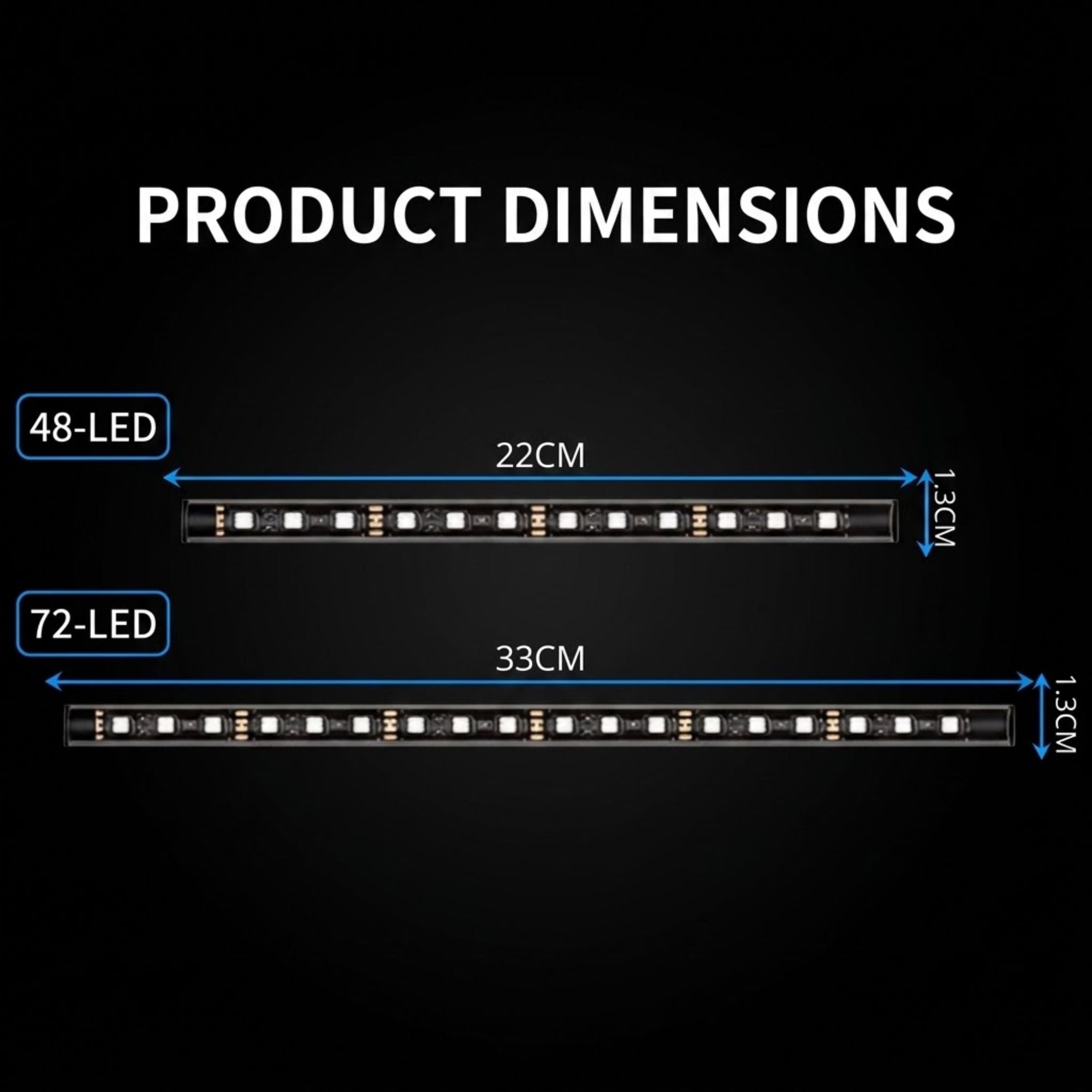 Product dimensions diagram showing two LED strip light options on a black background: a 48-LED strip labeled 22CM by 1.3CM, and a 72-LED strip labeled 33CM by 1.