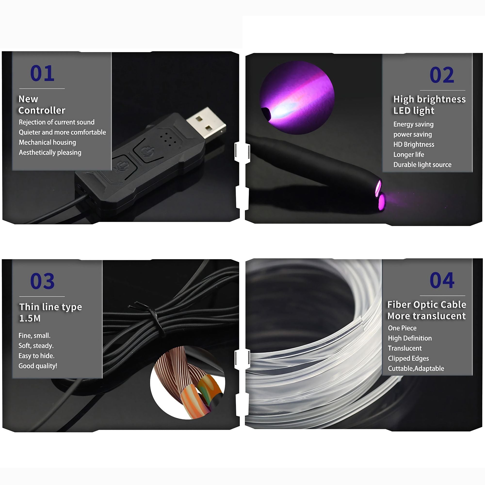 RGB Car Ambient Light Strip feature overview showing USB controller, remote and cable components