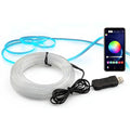 RGB Car Ambient Light Strip fibre optic cable with USB controller and smartphone app on a white background
