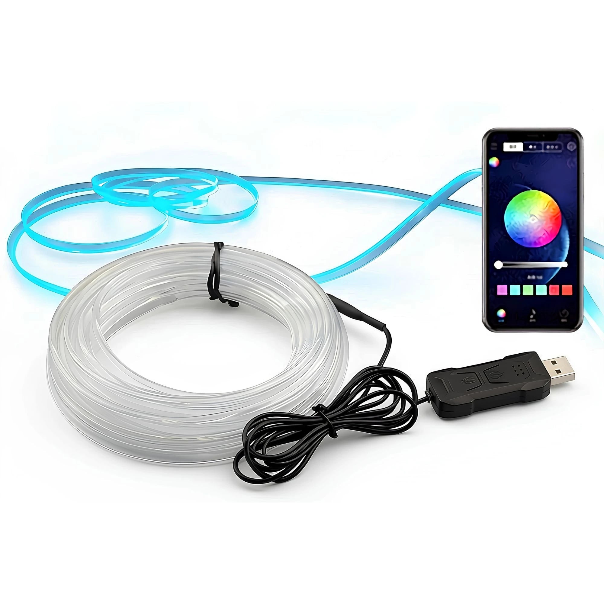 RGB Car Ambient Light Strip fibre optic cable with USB controller and smartphone app on a white background