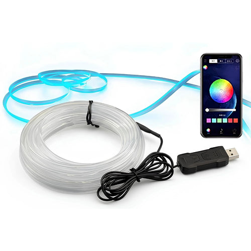 RGB Car Ambient Light Strip fibre optic cable with USB controller and smartphone app on a white background