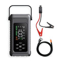 Rapid-Charge Jump Starter Pack with carry handle, digital display, jumper clamps and tyre inflator hose on white background