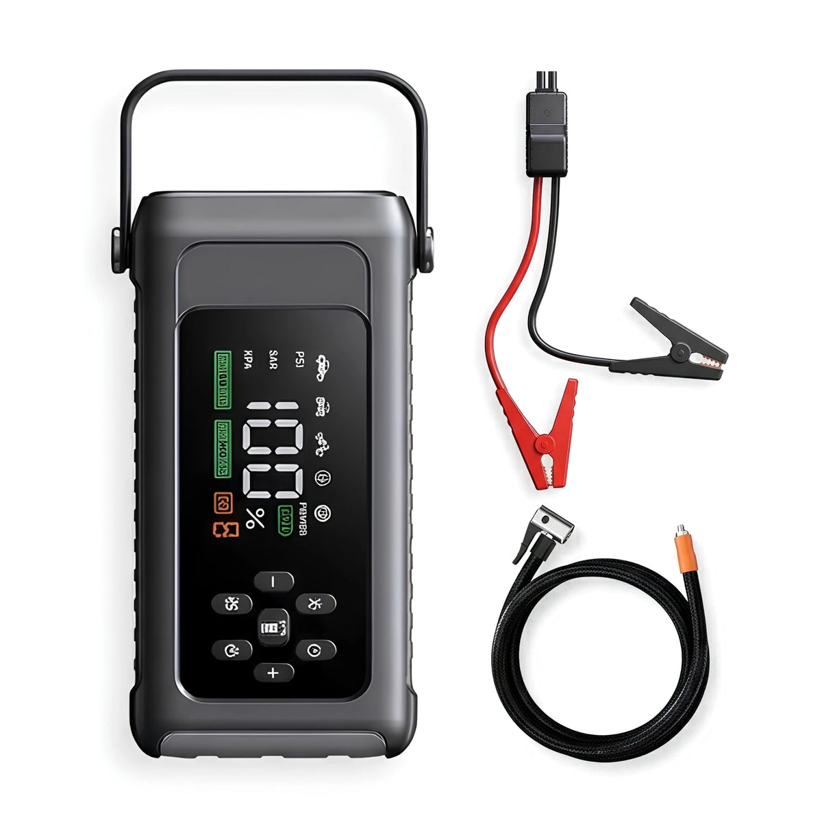 Rapid-Charge Jump Starter Pack with carry handle, digital display, jumper clamps and tyre inflator hose on white background