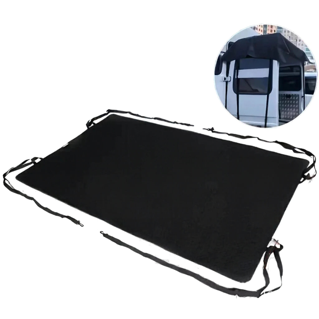 Black Rear Door Awning Shelter laid flat with tie-down straps, with an inset showing it fitted over a van's open rear door