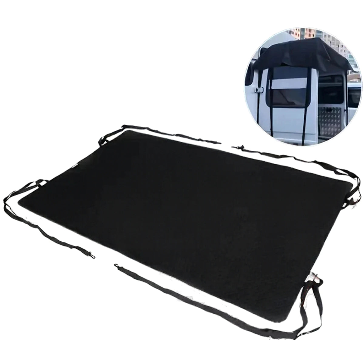 Black Rear Door Awning Shelter laid flat with tie-down straps, with an inset showing it fitted over a van's open rear door