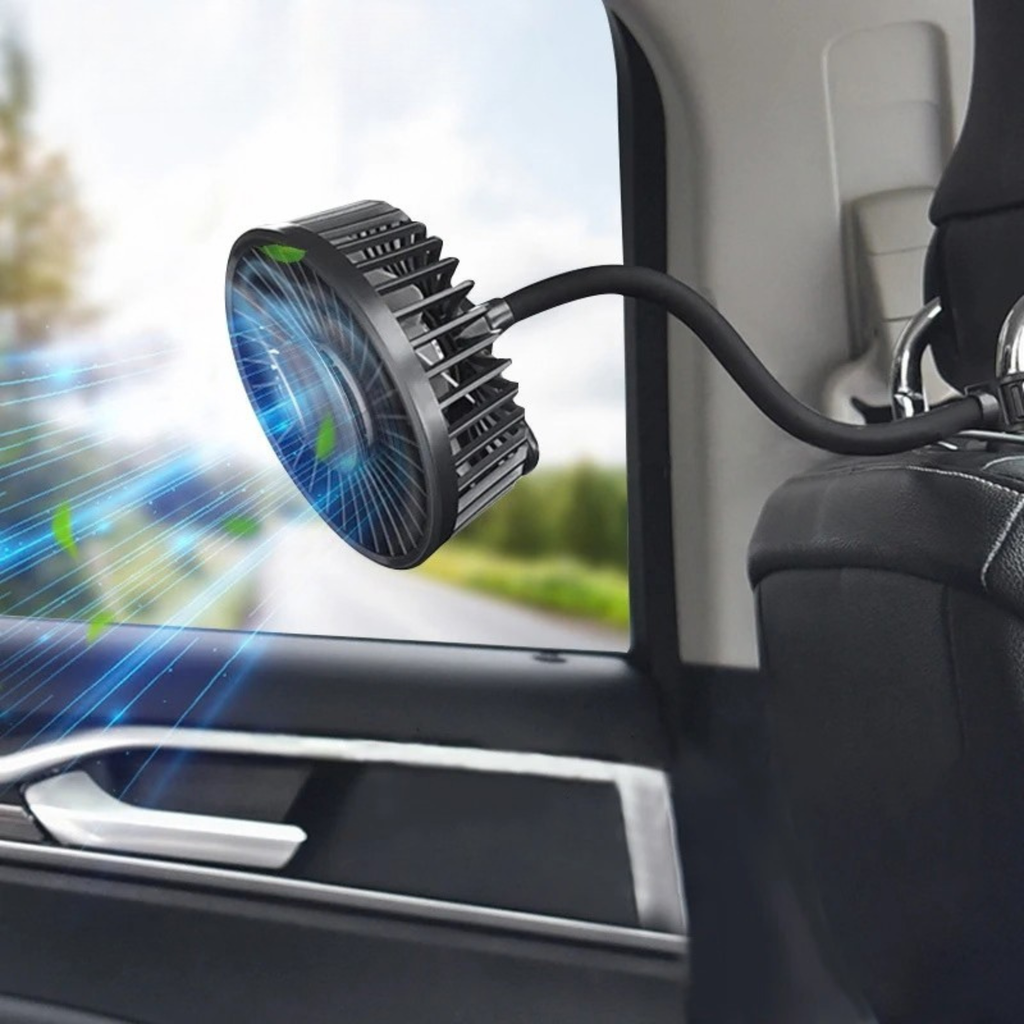 Rear Seat Car Fan clamped to a headrest post and angled towards the rear passenger window while running