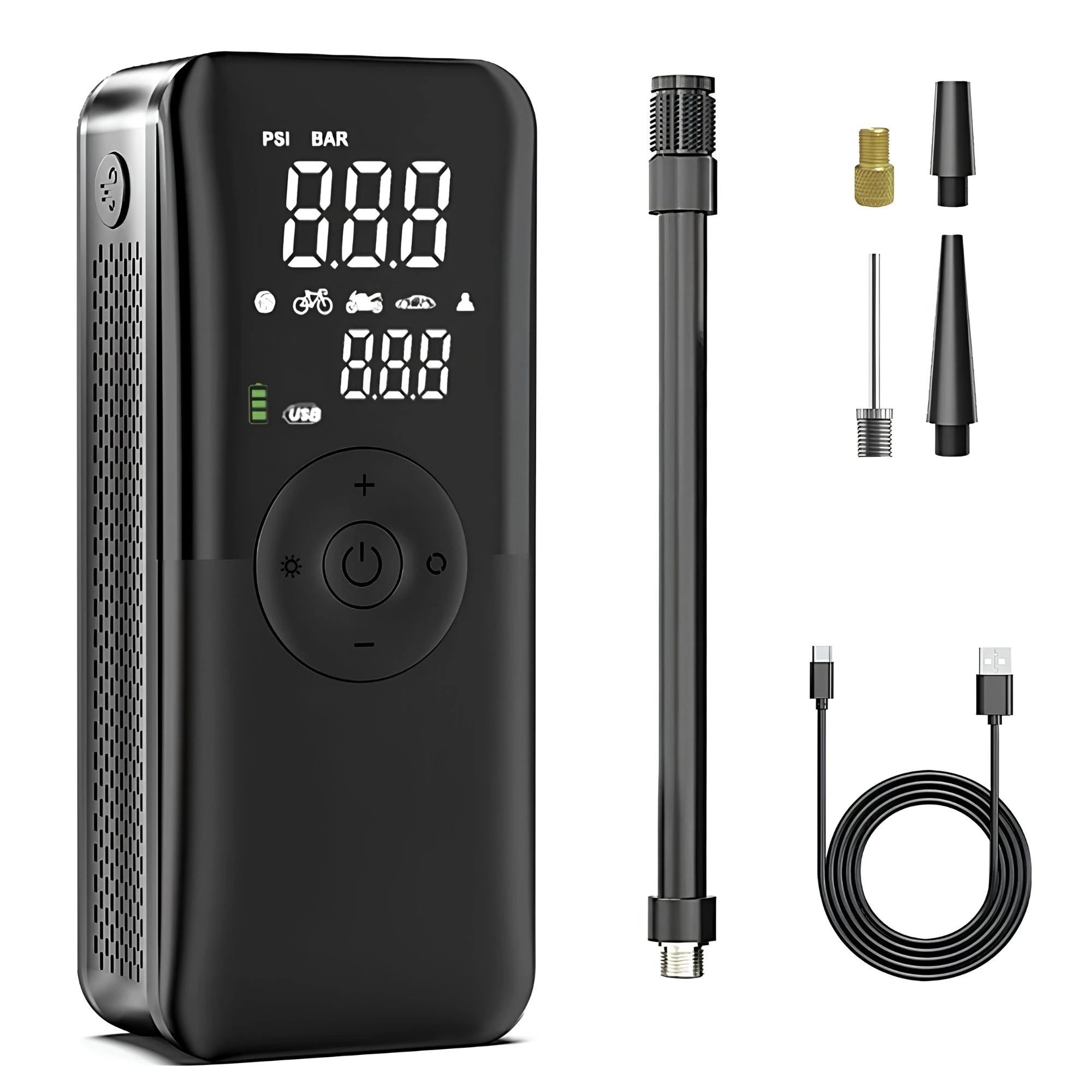 Cordless Digital Tyre Inflator with Full Accessory Set on White Background