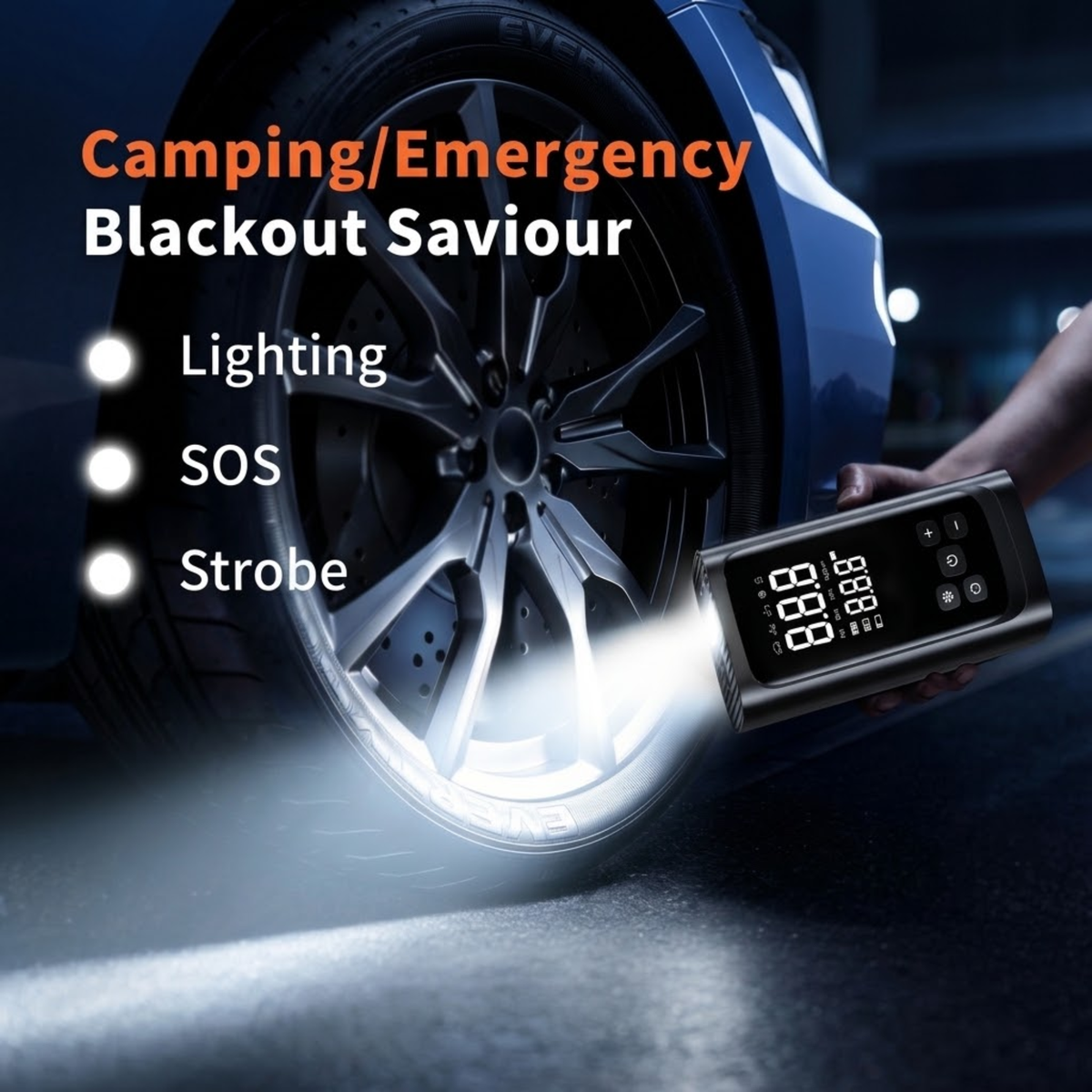 Rechargeable Digital Tyre Pump LED light shining on a car wheel at night with lighting, SOS and strobe modes