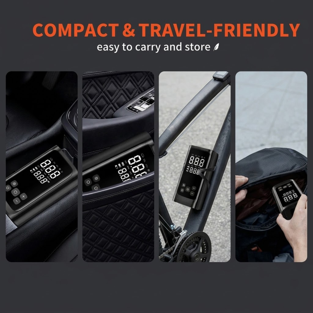 Rechargeable Digital Tyre Pump stored in a car door pocket and centre console, mounted on a bicycle and carried in a bag