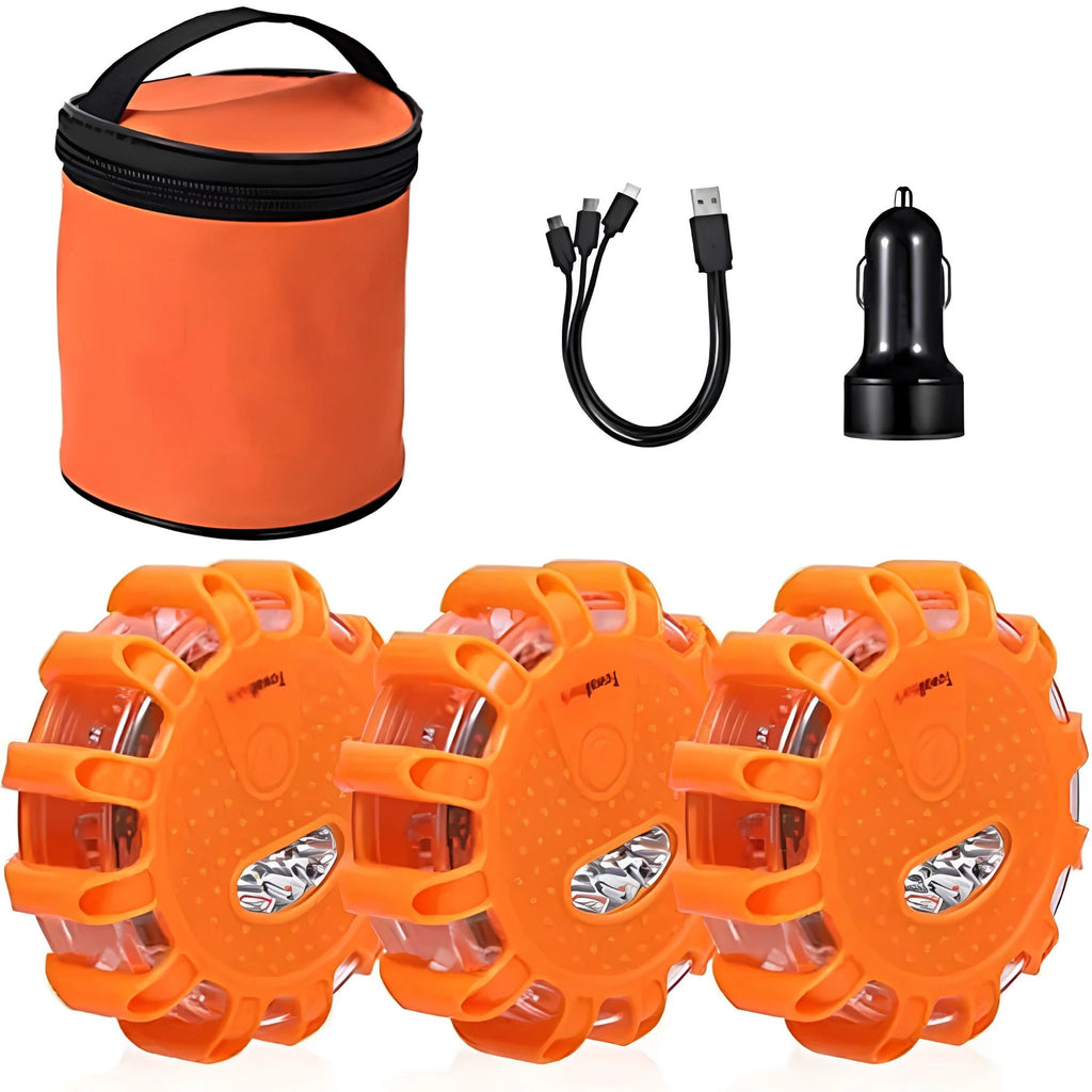Pack of three Rechargeable LED Road Flares in a carry bag with USB charging cable and car charger adapter