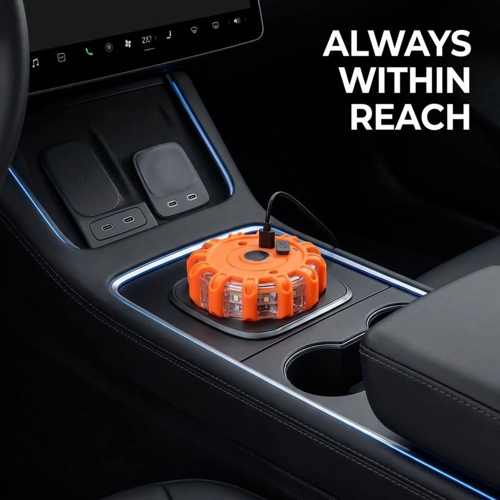 An orange emergency flare light plugged into a car center console USB port, with the text 'ALWAYS WITHIN REACH' in the top right corner.