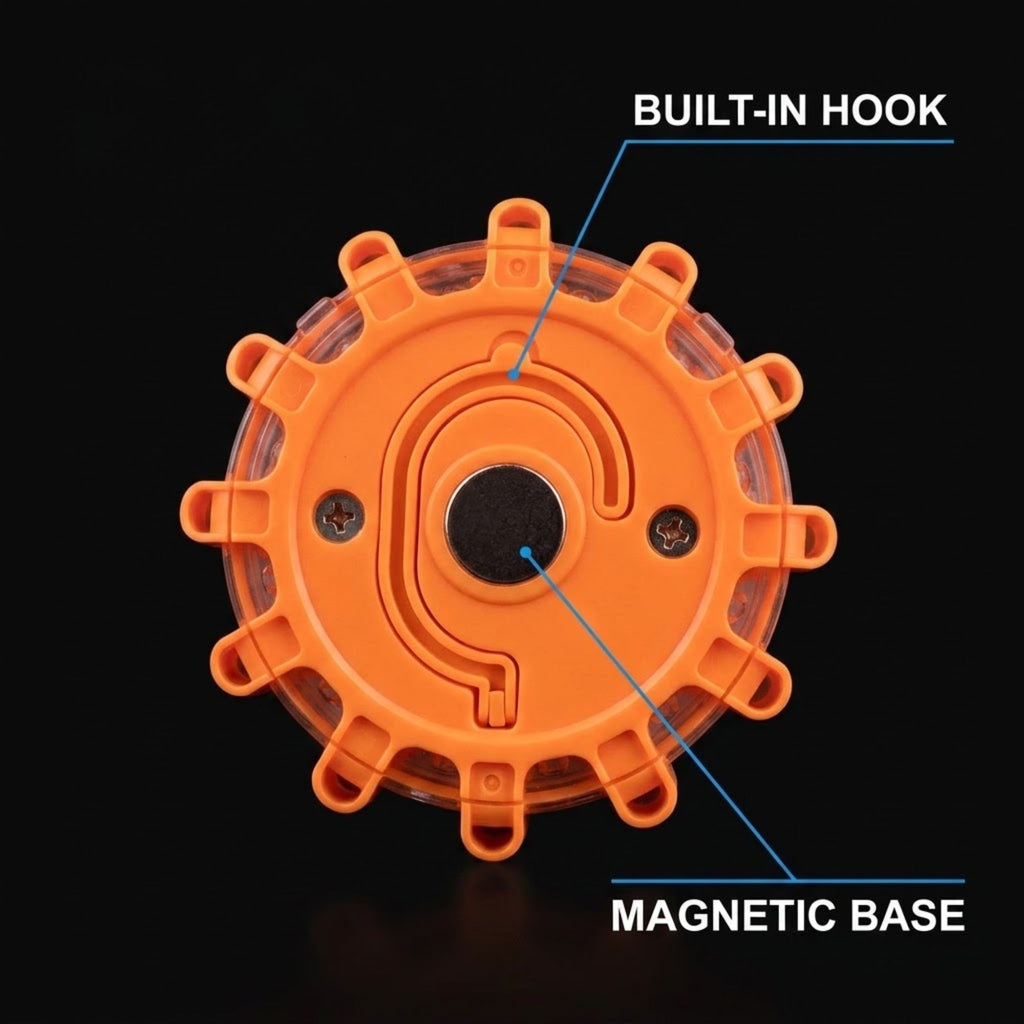 An orange circular magnetic hook accessory shown on a black background with callout labels reading 'BUILT-IN HOOK' and 'MAGNETIC BASE'.