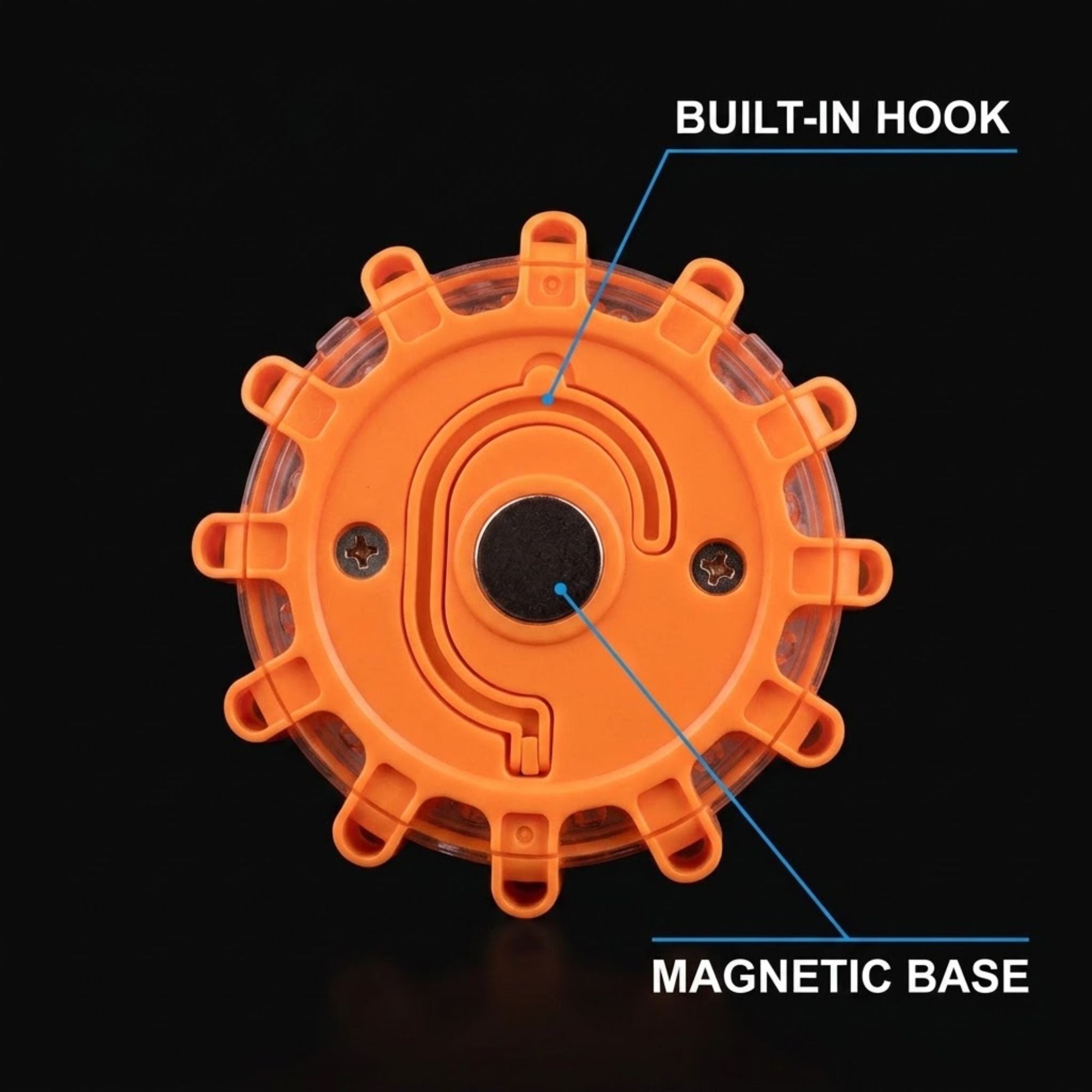 An orange circular magnetic hook accessory shown on a black background with callout labels reading 'BUILT-IN HOOK' and 'MAGNETIC BASE'.