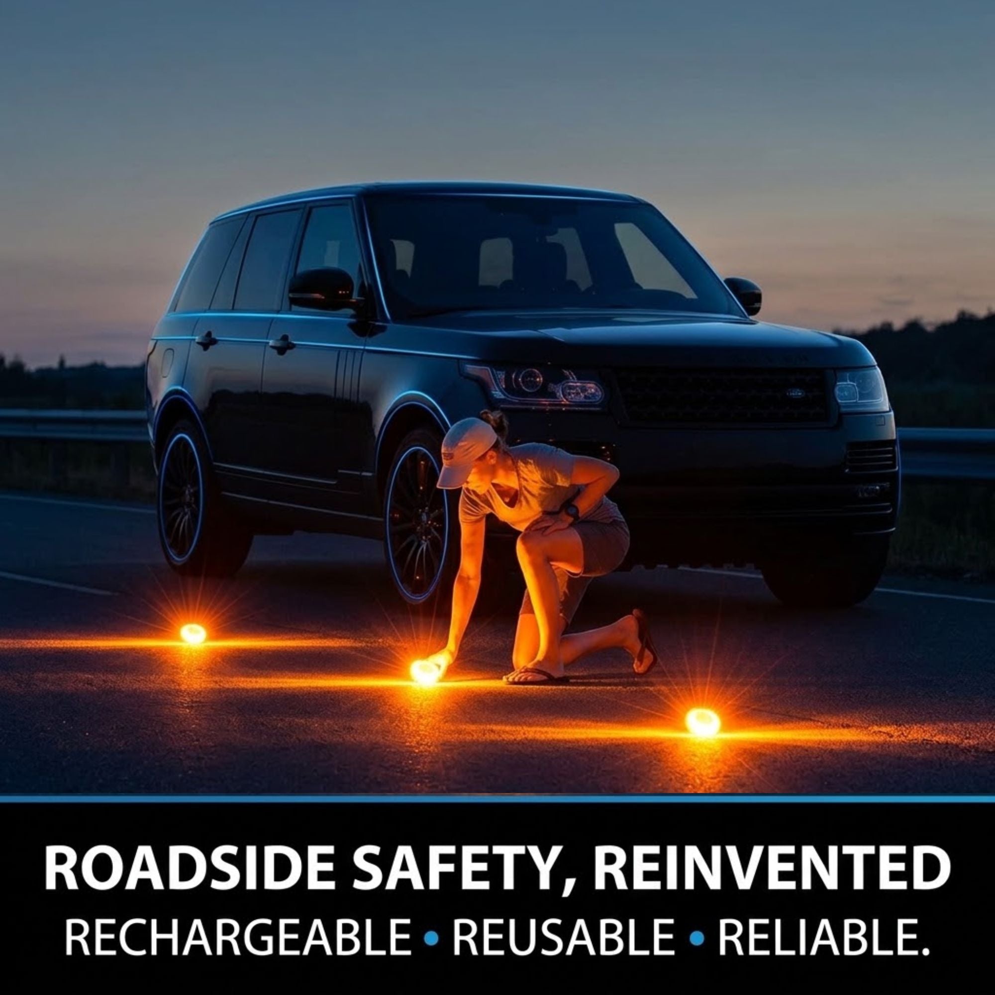 A black SUV parked on a road at dusk with a person kneeling beside it and placing glowing orange ground lights. Text at the bottom reads: 'ROADSIDE SAFETY, REINVENTED' and 'RECHARGEABLE • REUSABLE • RELIABLE.