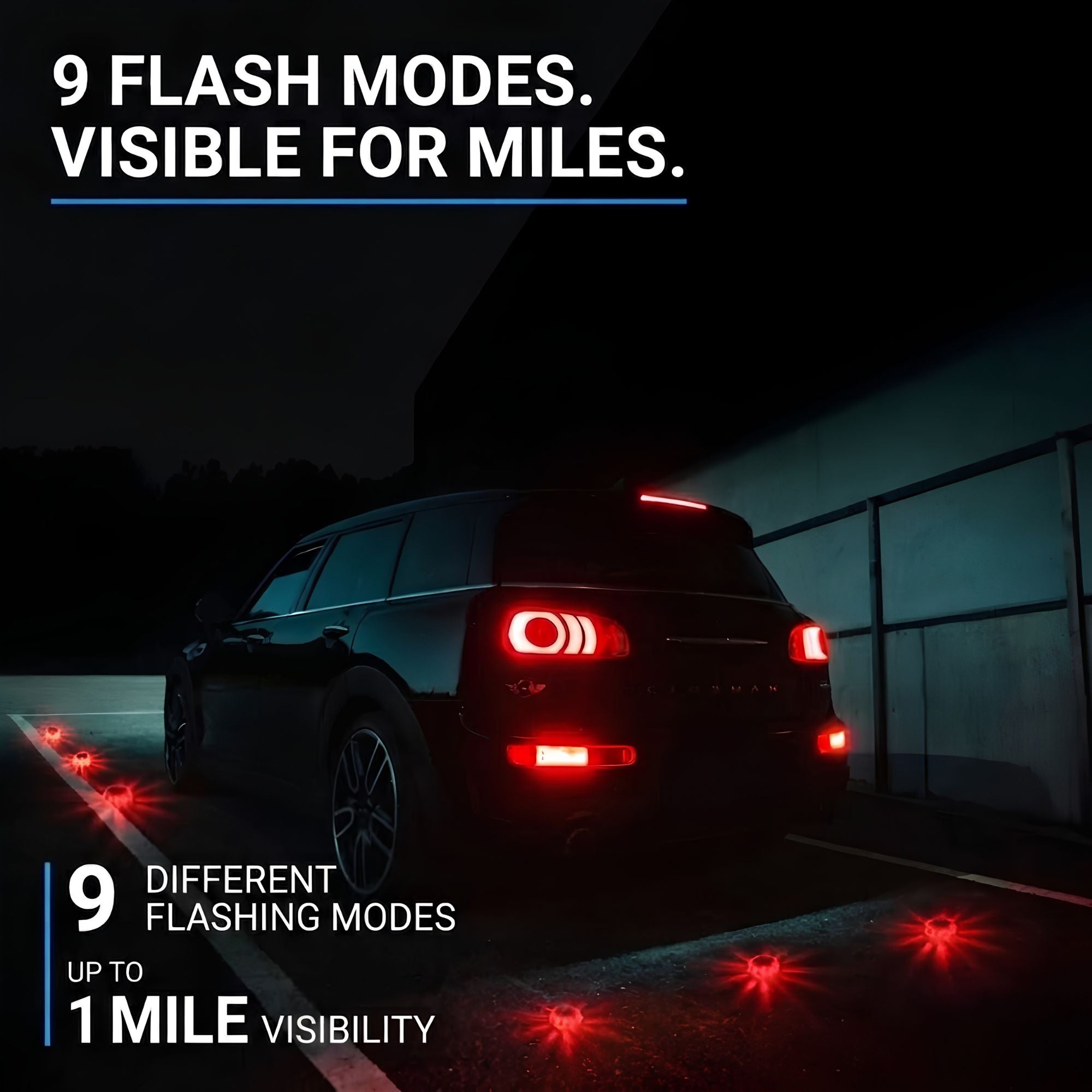 A black Mini Country SUV shown at night with its brake lights and side marker lights illuminated, demonstrating the effect of a 9-light flash mode. Red light reflections are visible on the wet road surface.