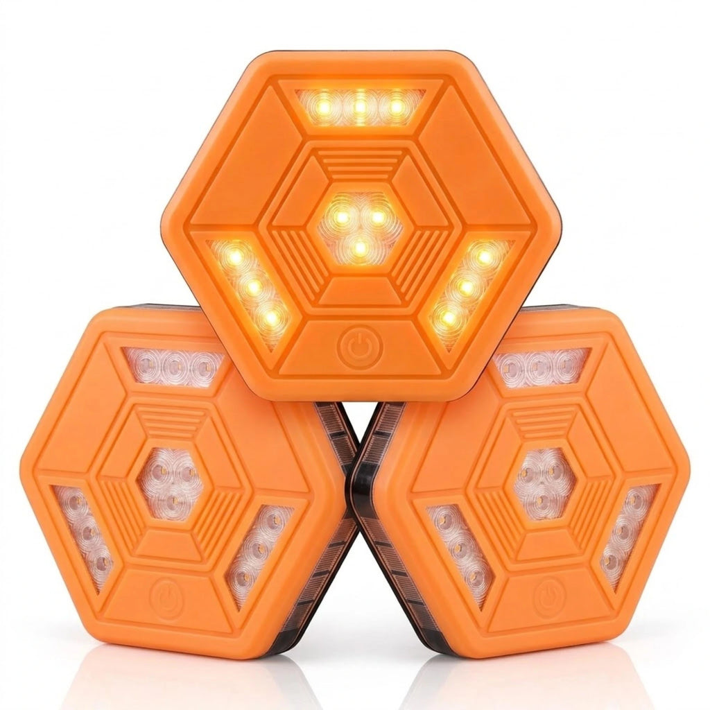 Three Rechargeable LED Road Flares clustered together, all glowing amber, on a white background