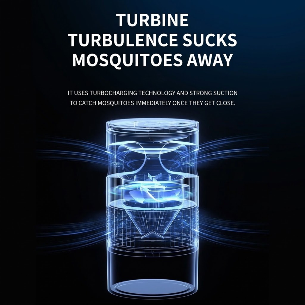 Illustrated airflow inside a Rechargeable Suction Mosquito Trap showing the turbine fan drawing air down through the cylinder