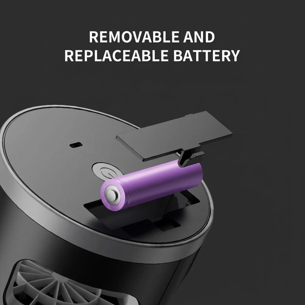 Top of a Rechargeable Suction Mosquito Trap showing the removable rechargeable battery in its compartment