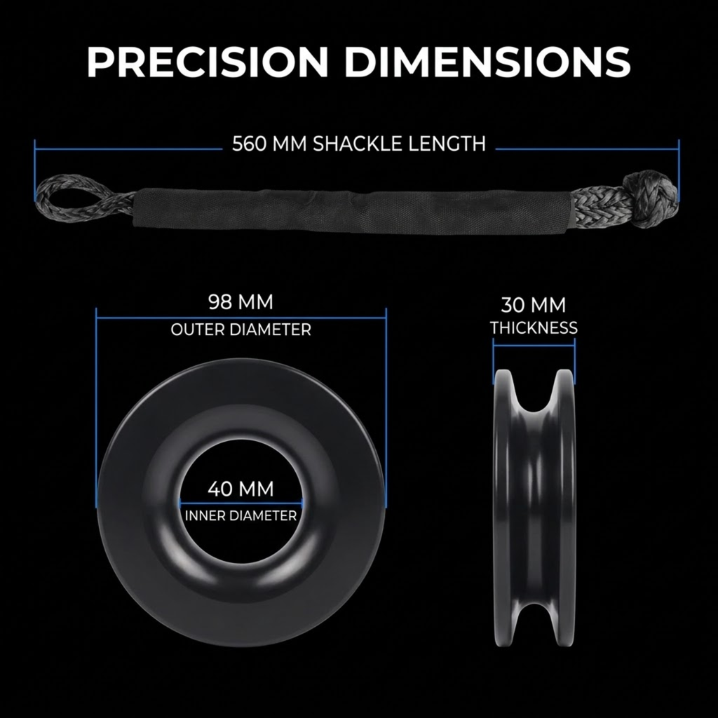 Technical dimension diagram on a black background showing a black shackle with labeled measurements: 560 mm shackle length, 98 mm outer diameter, 40 mm inner diameter, and 30 mm thickness.