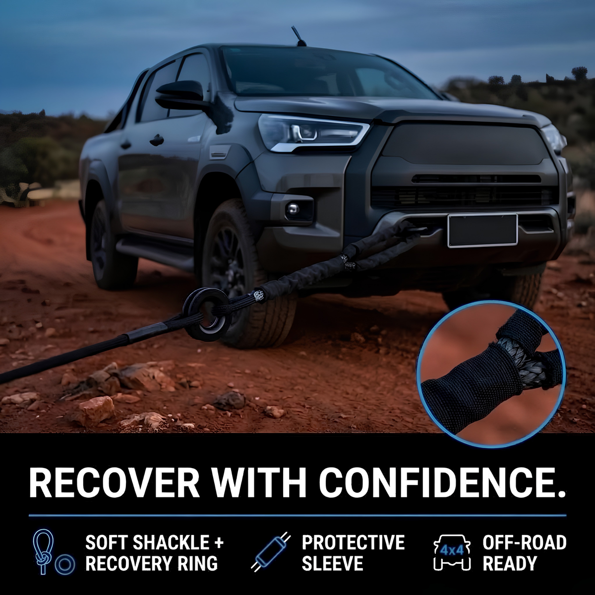 A black off-road recovery strap or winch cable attached to a dark pickup truck on a red dirt road, with a circular inset showing a close-up of the black textured handle and a black text banner at the bottom reading 'RECOVER WITH CONFIDENCE.' and feature callouts.