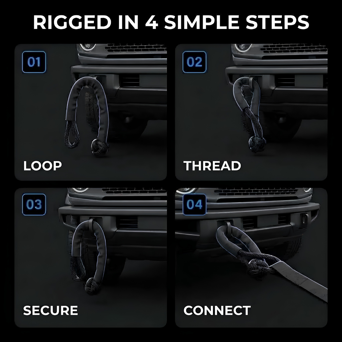 A four-panel instructional graphic showing how to rig a dark gray tow hook onto a vehicle front bumper. The panels are labeled 01 LOOP, 02 THREAD, 03 SECURE, and 04 CONNECT under the headline 'RIGGED IN 4 SIMPLE STEPS'.