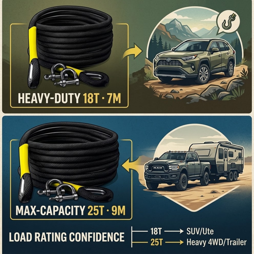 Promotional graphic showing two coiled black heavy-duty rope products with yellow wraps and metal shackles, each paired with an illustrated vehicle scene. The top panel reads 'HEAVY-DUTY 18T · 7M' and shows an SUV; the bottom panel reads 'MAX-CAPACITY 25T · 9M' and shows a truck with a camper trailer.