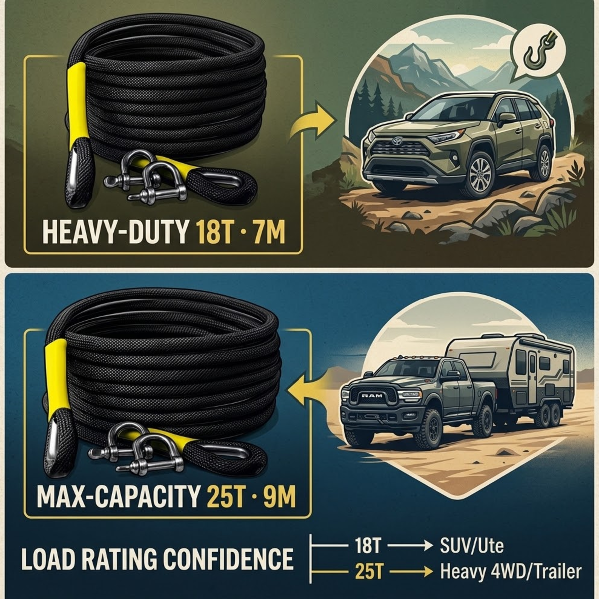 Promotional graphic showing two coiled black heavy-duty rope products with yellow wraps and metal shackles, each paired with an illustrated vehicle scene. The top panel reads 'HEAVY-DUTY 18T · 7M' and shows an SUV; the bottom panel reads 'MAX-CAPACITY 25T · 9M' and shows a truck with a camper trailer.