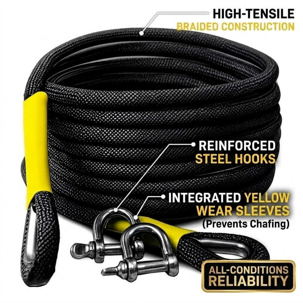 A coiled black high-tensile rope with metal shackles and yellow wear sleeves, shown on a white background with callout text highlighting braided construction, reinforced steel hooks, and integrated yellow wear sleeves.