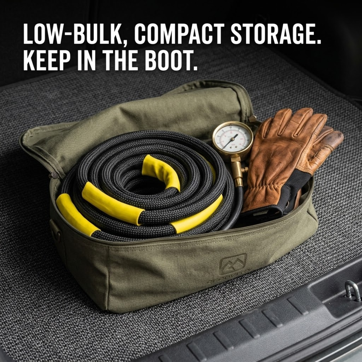 An olive green boot organizer pouch shown open on a dark textured surface, containing a coiled black and yellow rope, a brass gauge, and brown gloves. White text at the top reads, 'LOW-BULK, COMPACT STORAGE.