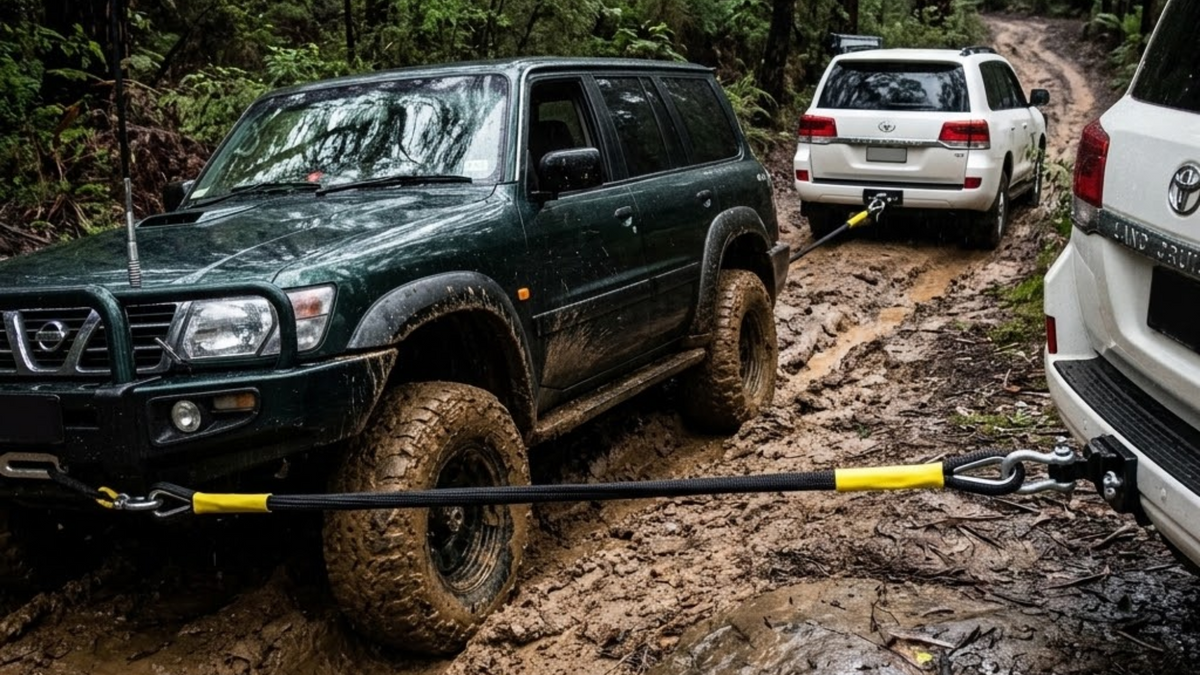 A black and yellow tow strap connects a dark green off-road SUV in the foreground to a white vehicle behind it on a muddy forest trail.