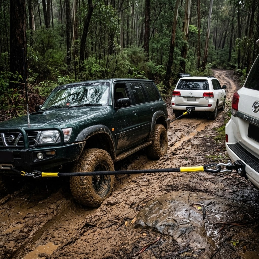 A black and yellow tow strap connects a dark green off-road SUV in the foreground to a white vehicle behind it on a muddy forest trail.