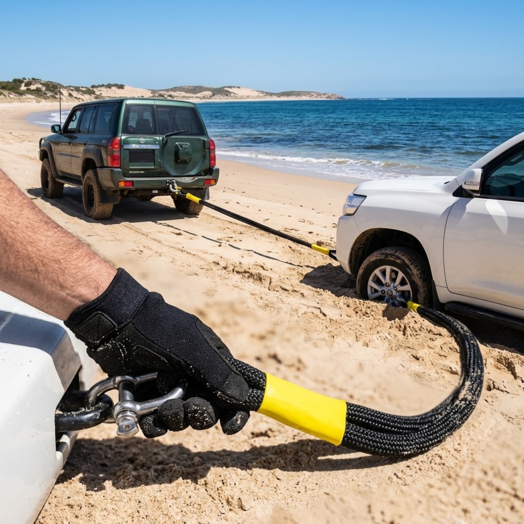 A close-up of a gloved hand holding a black and yellow towing strap attached to a recovery rope, with two SUVs on a sandy beach near the ocean.