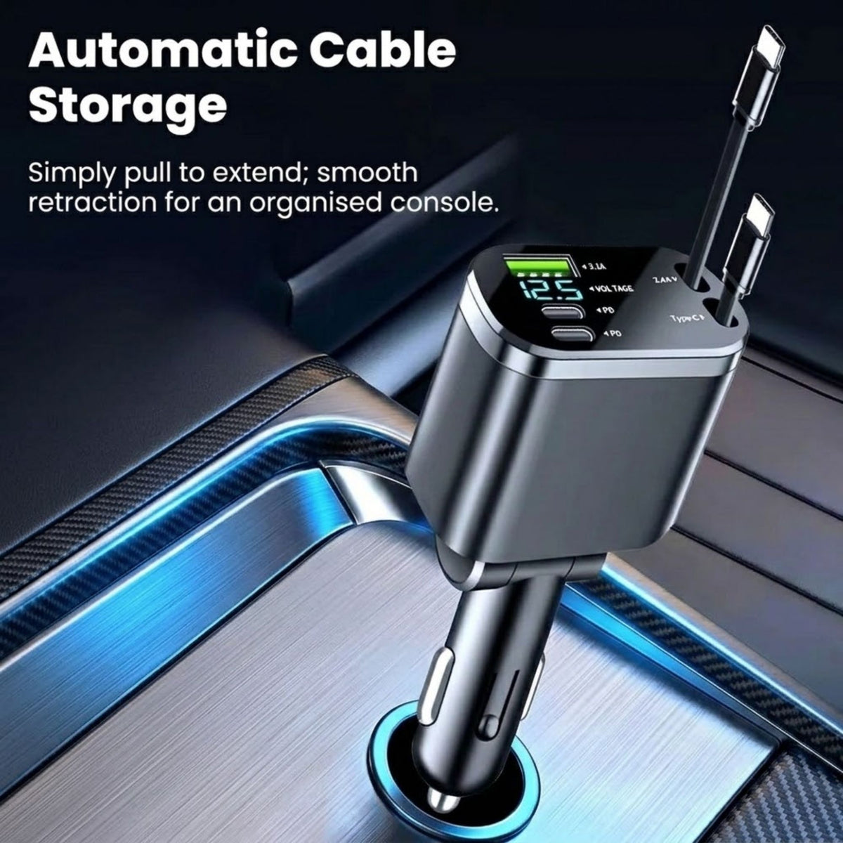 A car cigarette lighter power adapter with multiple USB-C and USB-A ports, shown plugged into a car port inside a vehicle. The image includes text overlays reading 'Automatic Cable Storage' and 'Simply pull to extend; smooth retraction for an organised console.