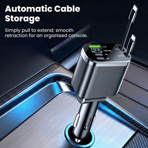A car cigarette lighter power adapter with multiple USB-C and USB-A ports, shown plugged into a car port inside a vehicle. The image includes text overlays reading 'Automatic Cable Storage' and 'Simply pull to extend; smooth retraction for an organised console.