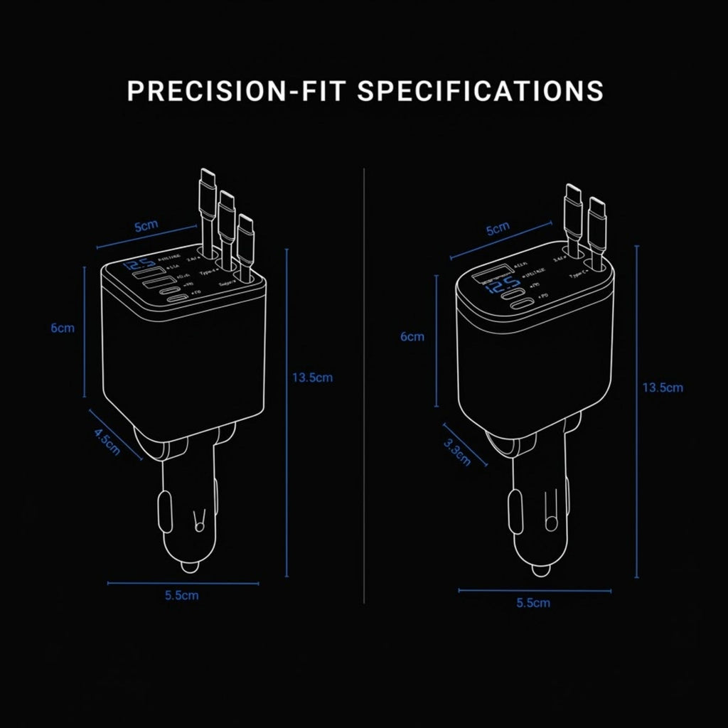 Technical dimension diagram of a car charger plug on a black background, labeled 'PRECISION-FIT SPECIFICATIONS' with blue measurement lines and dimensions.