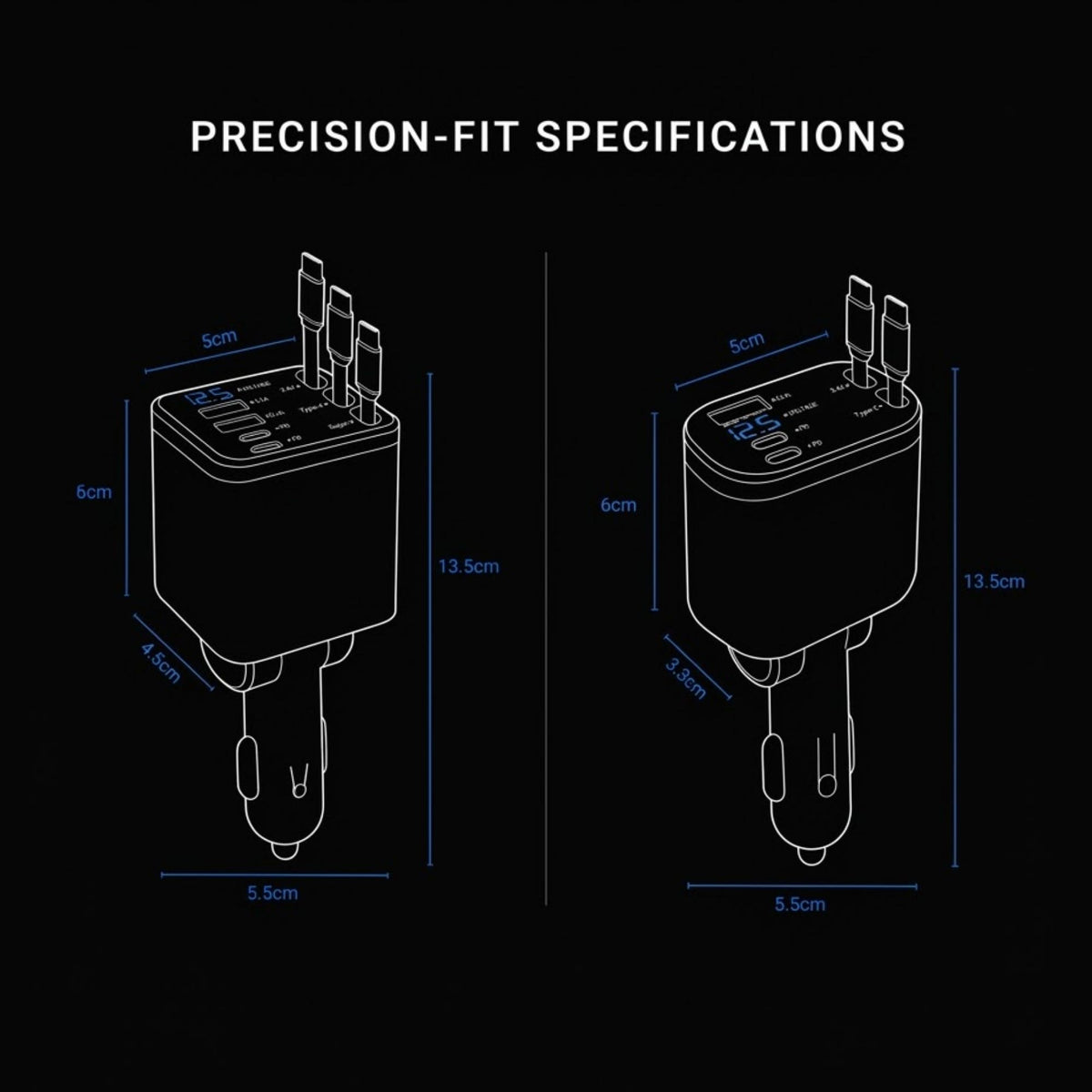 Technical dimension diagram of a car charger plug on a black background, labeled 'PRECISION-FIT SPECIFICATIONS' with blue measurement lines and dimensions.