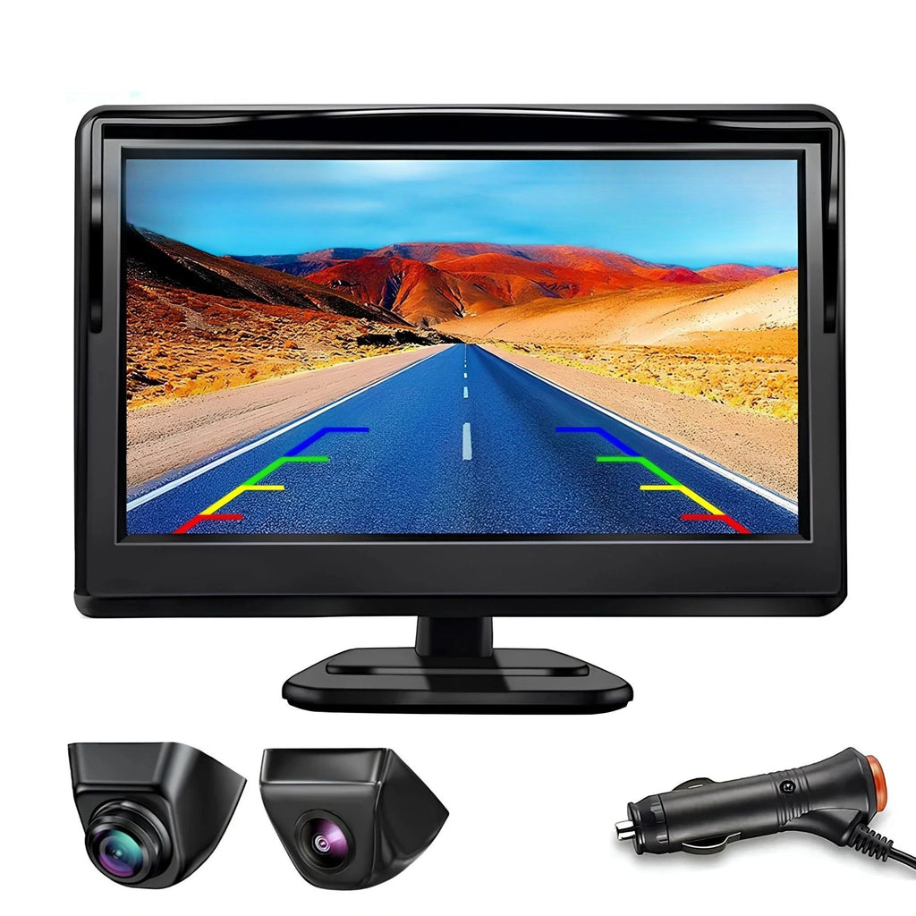 A 7-inch car rear-view monitor with a black bezel and stand, shown on a white background with two small black camera lenses and a car cigarette lighter power adapter below it. The screen displays a desert road scene with parking guidance lines.