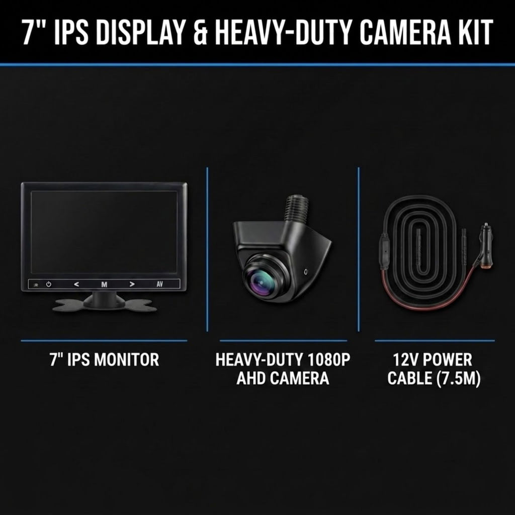 A 7-inch IPS display and heavy-duty camera kit shown on a black background, including a 7-inch monitor, a heavy-duty 1080p AHD camera, and a 12V power cable (7.5m).