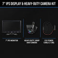 A 7-inch IPS display and heavy-duty camera kit shown on a black background, including a 7-inch monitor, a heavy-duty 1080p AHD camera, and a 12V power cable (7.5m).