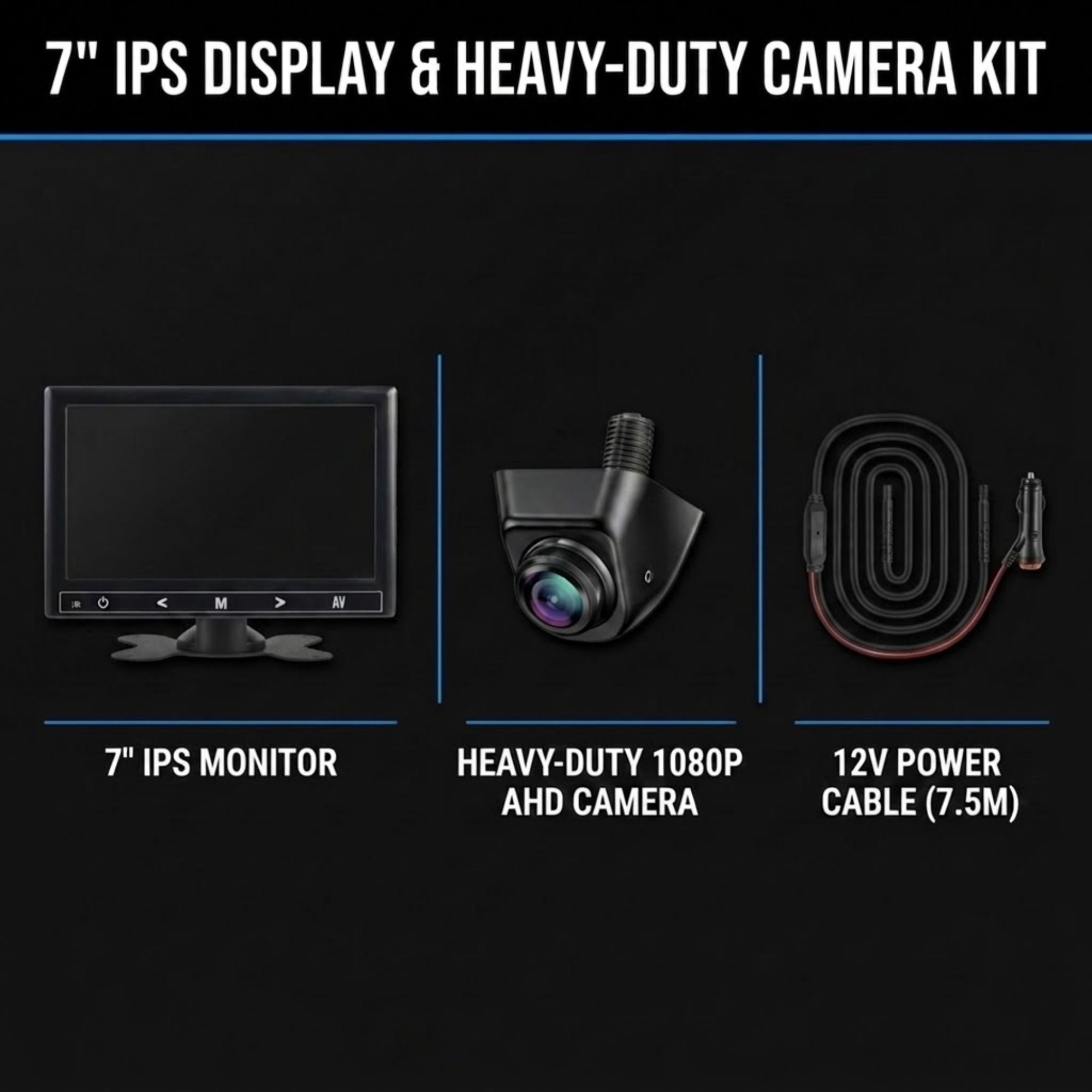 A 7-inch IPS display and heavy-duty camera kit shown on a black background, including a 7-inch monitor, a heavy-duty 1080p AHD camera, and a 12V power cable (7.5m).