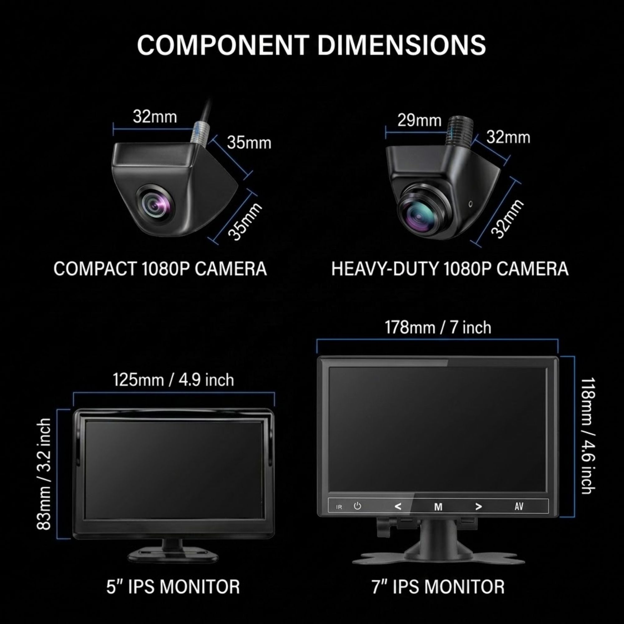 Component dimensions diagram showing measurements for a compact 1080p camera, a heavy-duty 1080p camera, and two monitors: a 5-inch IPS monitor (125mm / 4.9 inch) and a 7-inch IPS monitor (178mm / 7 inch) on a black background.